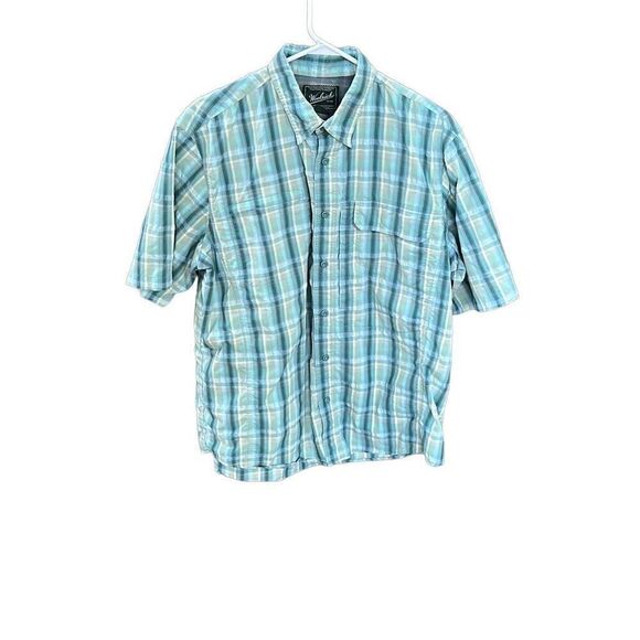 Woolrich Men's Light Blue Short Sleeve Button-Up Plaid Shirt Size Large - Picture 1 of 5